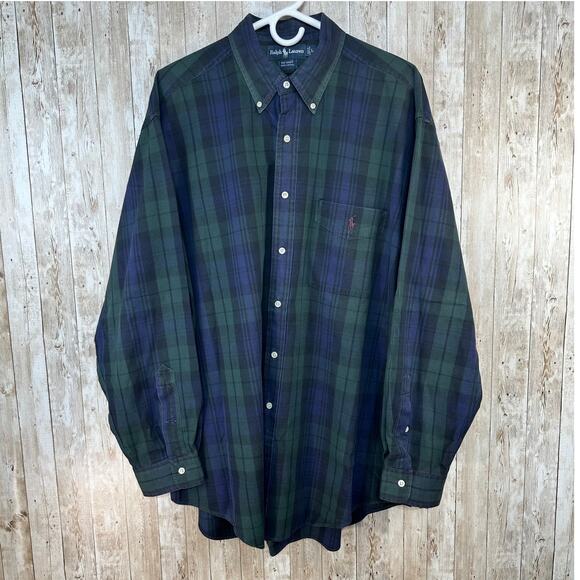 Ralph Lauren Button Up Big‎ Shirt Mens L Navy Green Tartan Plaid Retro Preppy - Picture 1 of 7